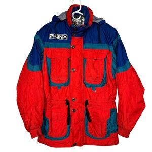 Vintage 90s PHENIX Ski Jacket Red Blue Hooded‎ Retro Athletic Mens Size Medium